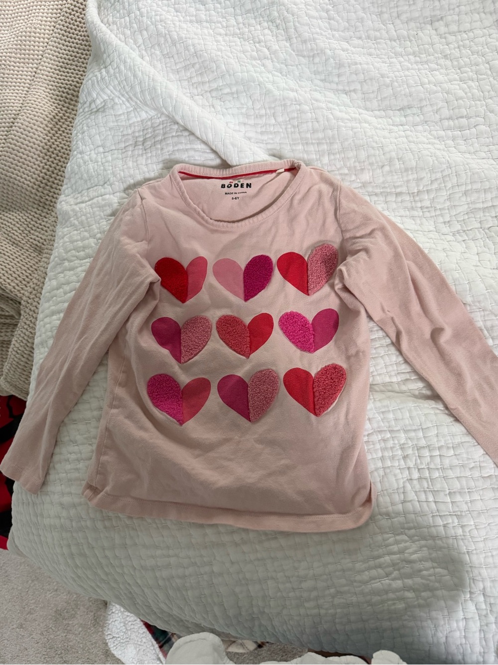 Boden Light Pink Long Sleeve Top with Red & Pink Heart Grid